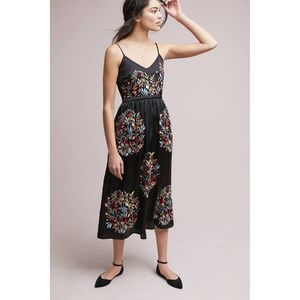 Anthropologie-Seen Worn Kept Floral Embroidered Satin Midi Dress Size 2
